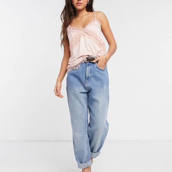 Lace cami lingerie inspired top crop with lace River island cream peach blush 12 - Picture 2 of 11